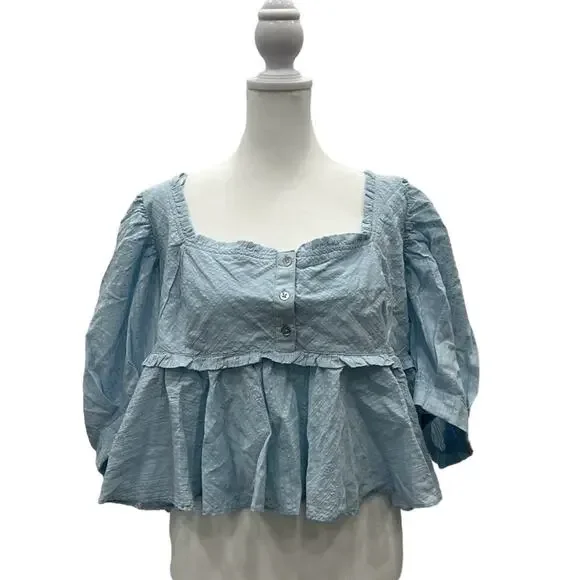 Free People Size Large Leave It To Me Powdered Blue Top Smocked Puff Sleeve NWOT - Picture 2 of 11